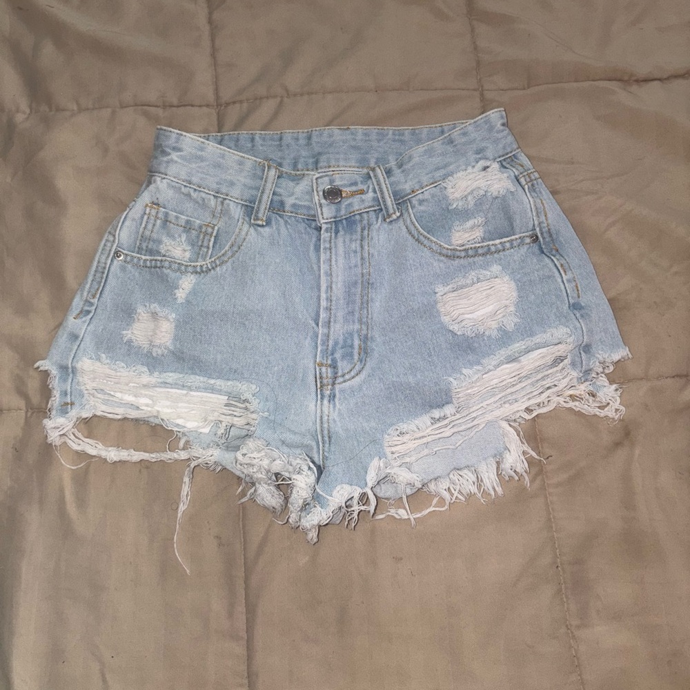 Distressed Light Blue Denim Shorts